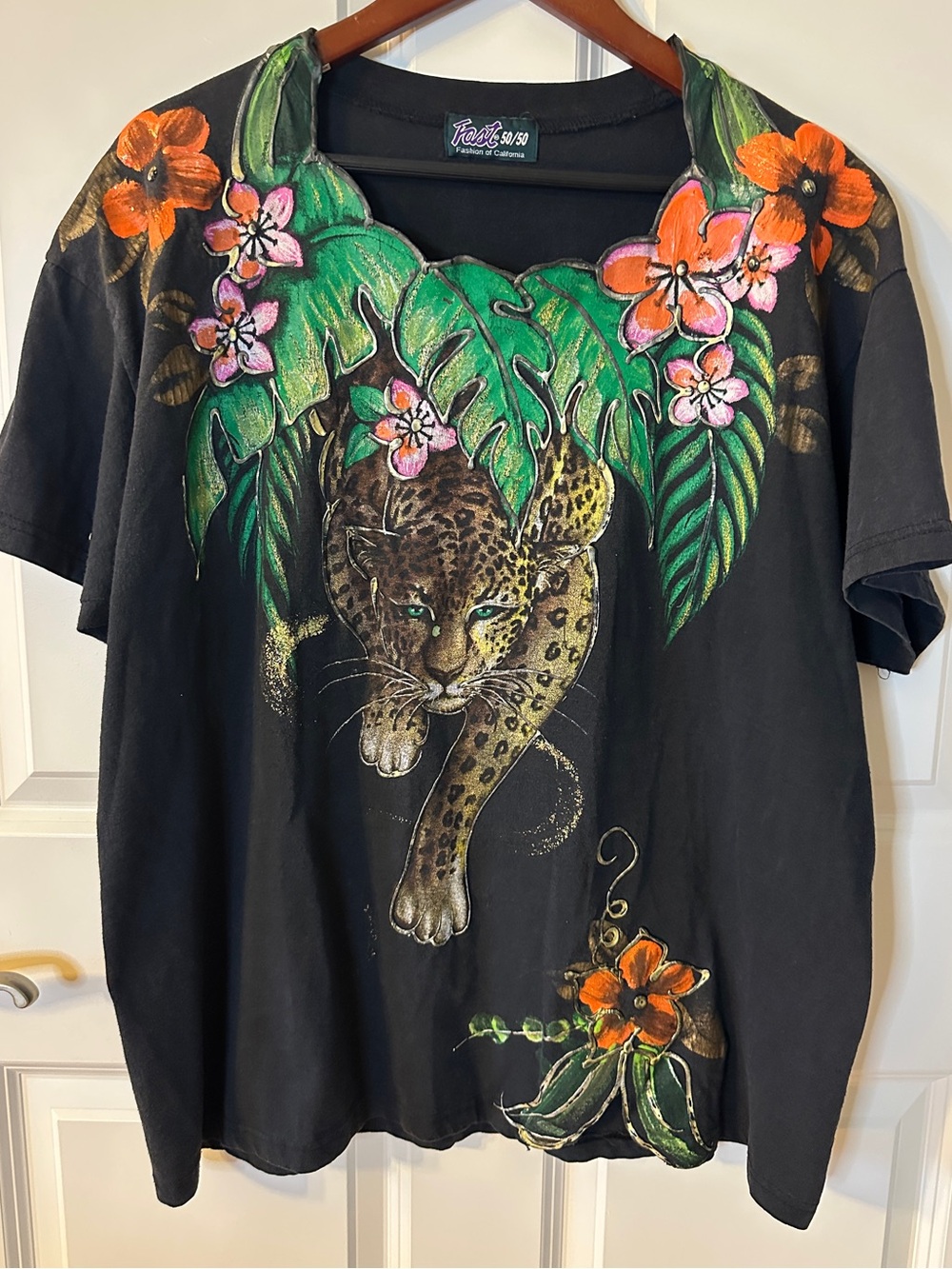 Vintage Wearable Art Leopard Jungle Tropical Floral Animal Print Graphic Tee XL